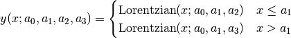 y(x;a_0,a_1,a_2,a_3) = \begin{cases}
\textrm{Lorentzian}(x;a_0,a_1,a_2) & x\leq a_1\\
\textrm{Lorentzian}(x;a_0,a_1,a_3) & x>a_1\end{cases}