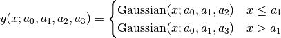 y(x;a_0,a_1,a_2,a_3) = \begin{cases}
\textrm{Gaussian}(x;a_0,a_1,a_2) & x\leq a_1\\
\textrm{Gaussian}(x;a_0,a_1,a_3) & x>a_1\end{cases}