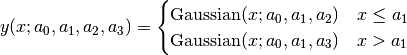 y(x;a_0,a_1,a_2,a_3) = \begin{cases}
\textrm{Gaussian}(x;a_0,a_1,a_2) & x\leq a_1\\
\textrm{Gaussian}(x;a_0,a_1,a_3) & x>a_1\end{cases}
